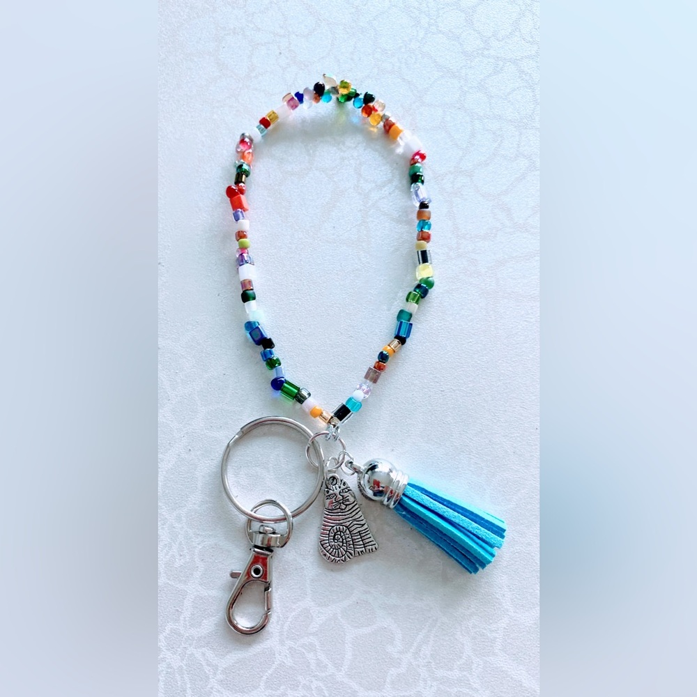 Colorful Beaded Keychain Wristlet Bracelet with Tassel and cat charm